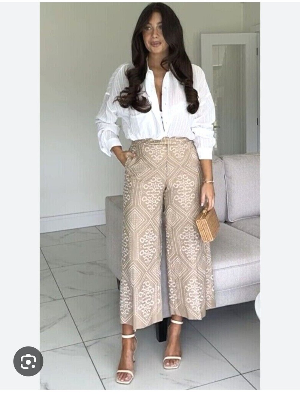 Zara Beige Patterned Cropped Wide-Leg Pants